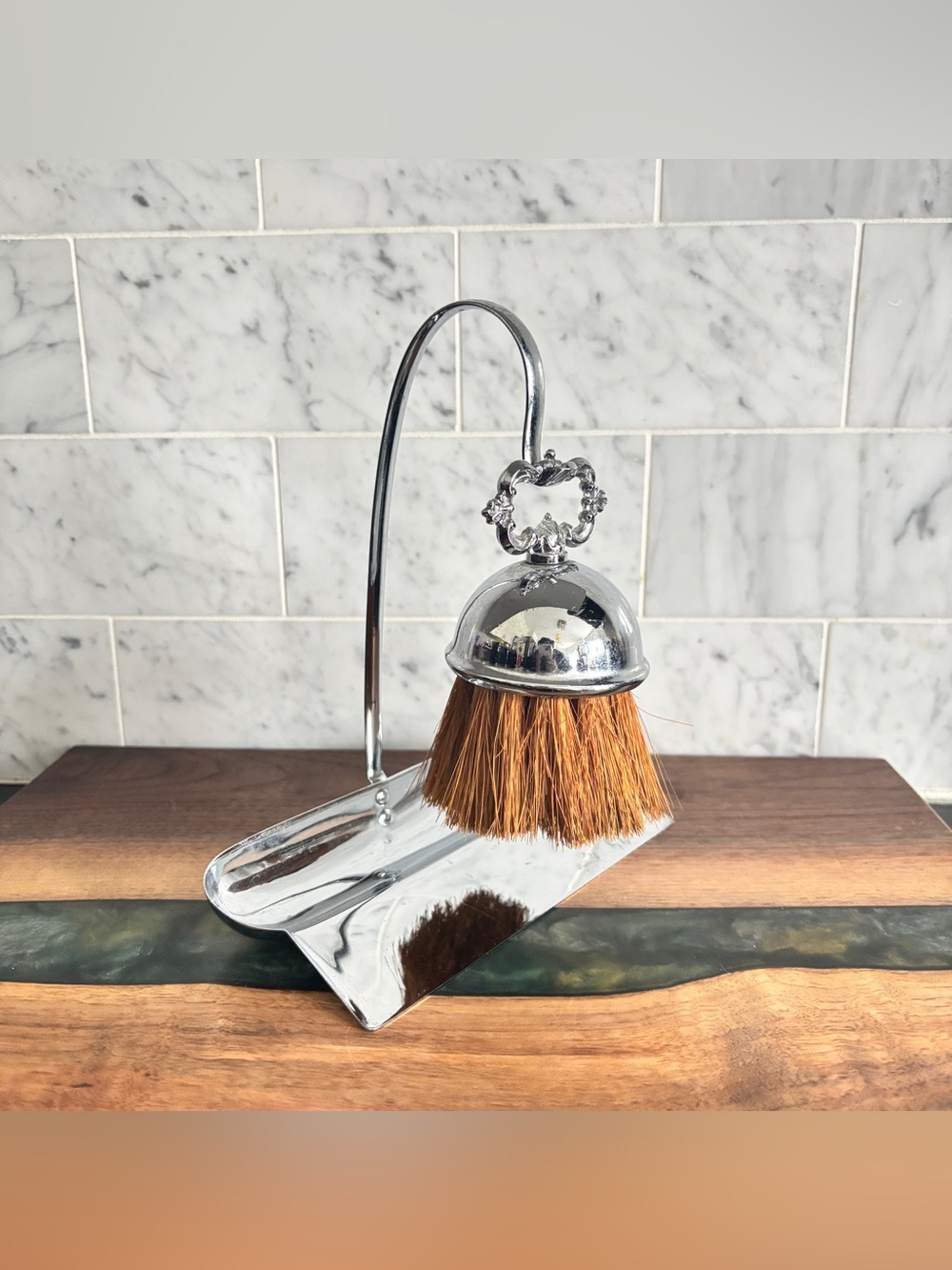 Vintage Silver Tone Metal Silent Butler Crumb Catcher Brush and Dustpan